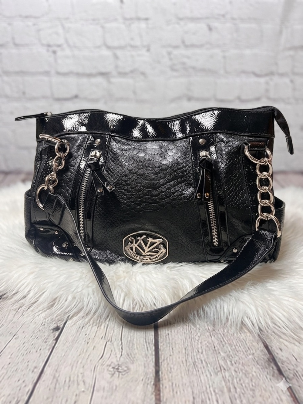 Kathy Van Zeeland Black Patent Chain-Accent Shoulder Bag